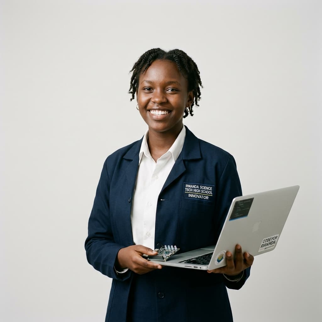 A smiling secondary school student in a blazer holding a laptop and a circuit board